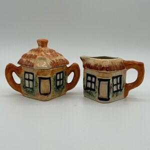 Vintage Cottageware Cream Sugar Set Coffee Tea Miniature Houses Ceramic‎ MCM